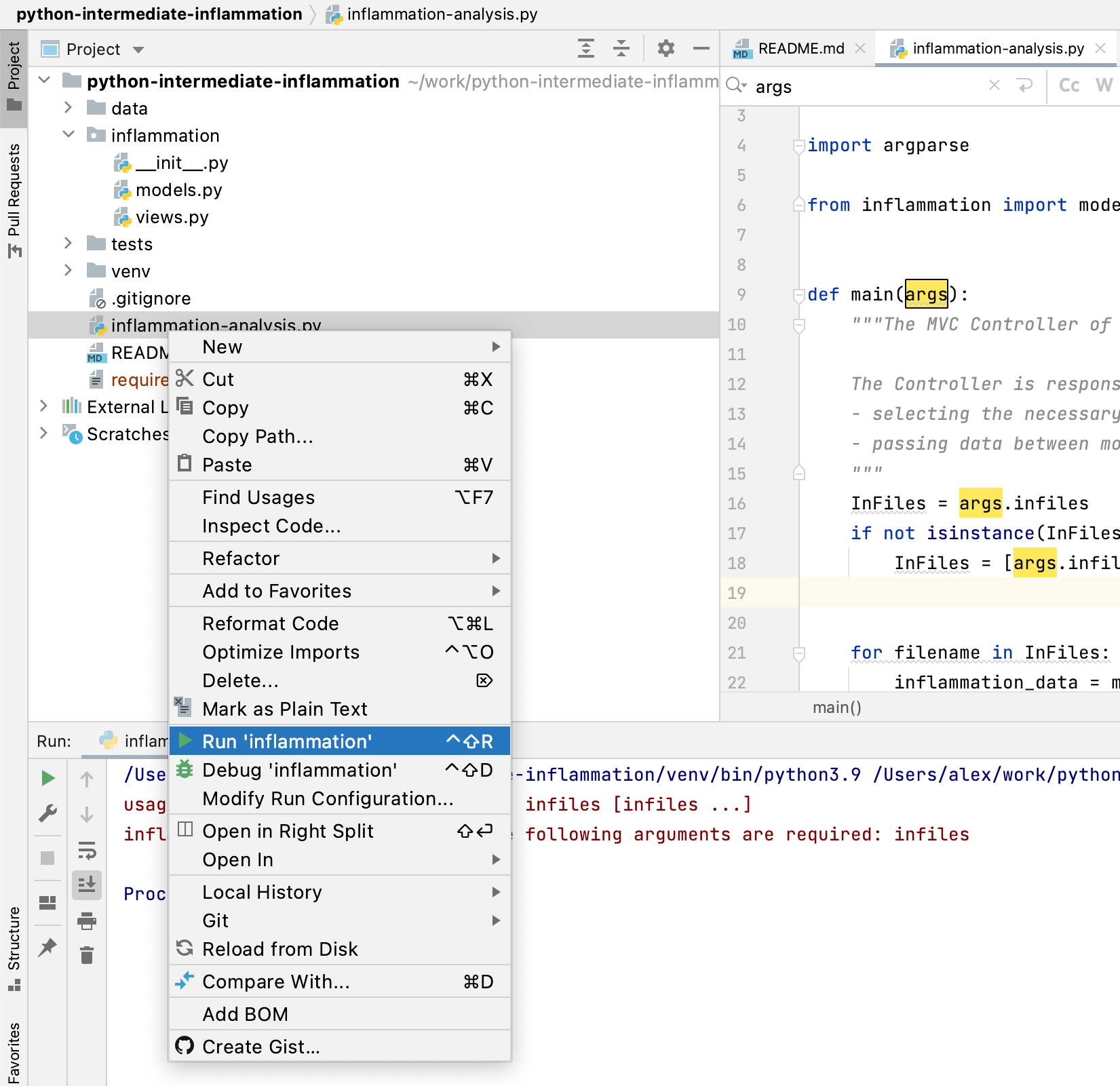 Running a script from PyCharm