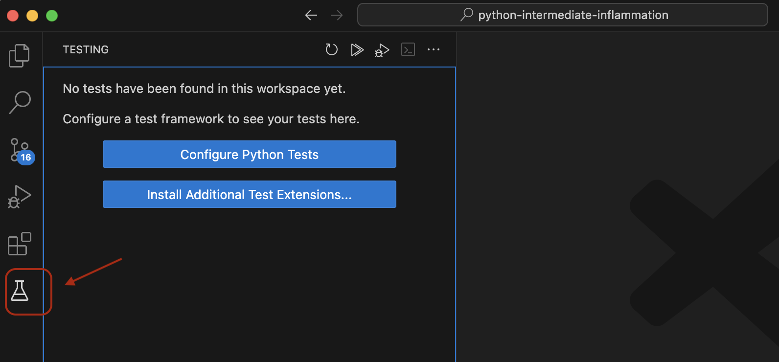 VS Code application window for setting up test framework